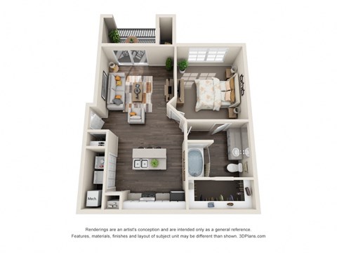 Floor plan for 1 bed, 1 bath, 691 sqft